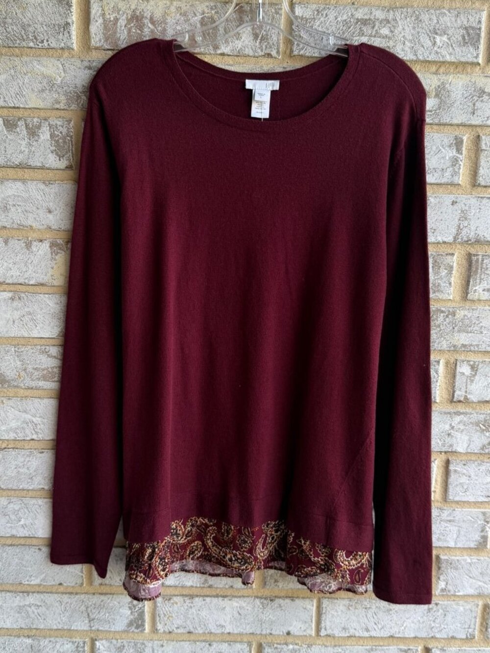 J. Jill NWT Cotton Blend Long Sleeve Round Neck Burgundy Pullover Sweater Size L